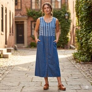 Monique Fashions Vintage 2X Denim Plaid Maxi Dress Blue Cotton Tie Back USA Made